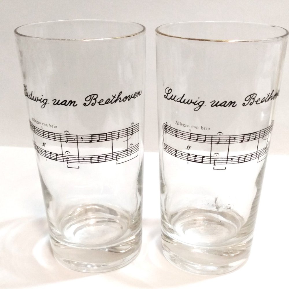 4 -  Vintage Highball Gold Rimmed Music Theme Drinking Glasses